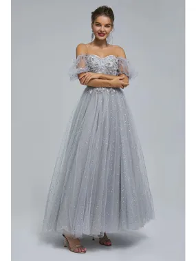 Prom Dresses Princess Dress Quinceanera Tea Length Short Sleeve Off Shoulder Tulle with Sequin Appliques