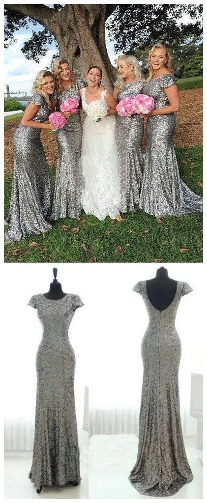 Rustic Cap Sleeve Mermaid Dark Grey Sequin Bridesmaid Dresses