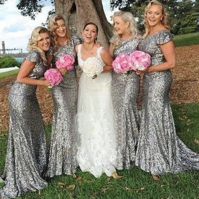 Rustic Cap Sleeve Mermaid Dark Grey Sequin Bridesmaid Dresses