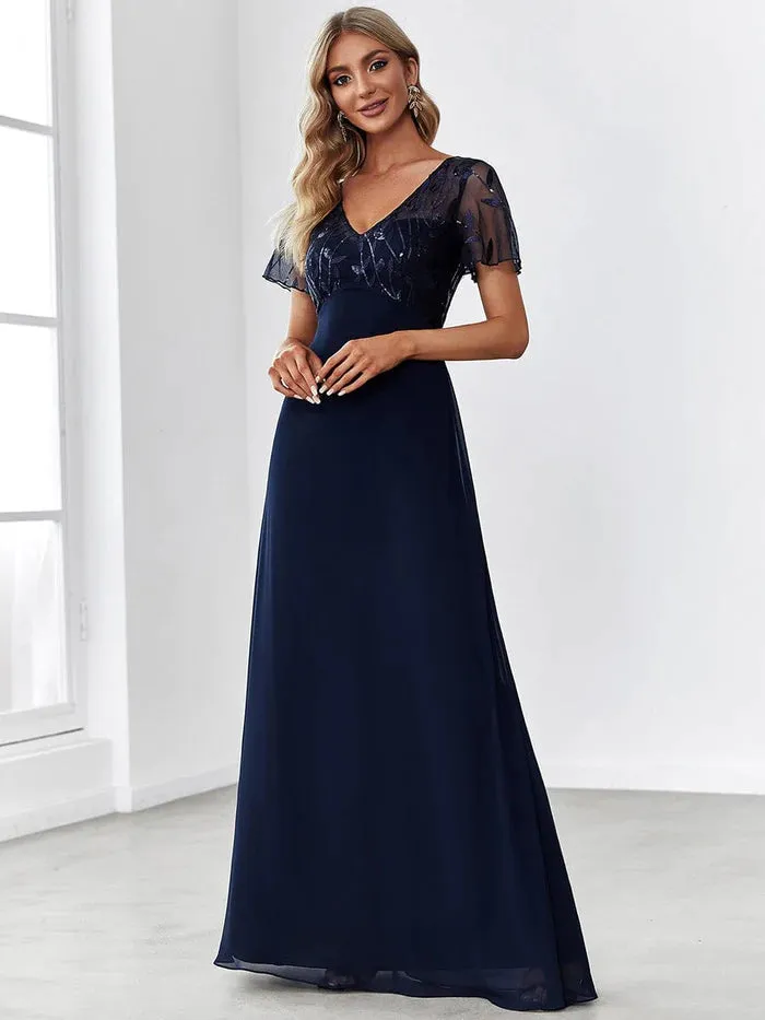 Sequin Print Evening Wedding Guest Dresses with Cap Sleeve