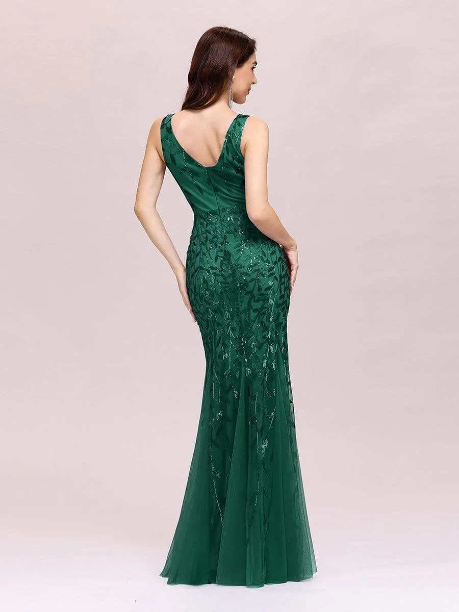 Sexy Double V-Neck Mermaid Sequin Evening Maxi Dress for Women