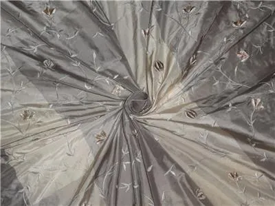 SILK TAFFETA FABRIC FLORAL VELVET EMBROIDERY CREAM,BEIGE,TAUPE COLOR TAF#E9