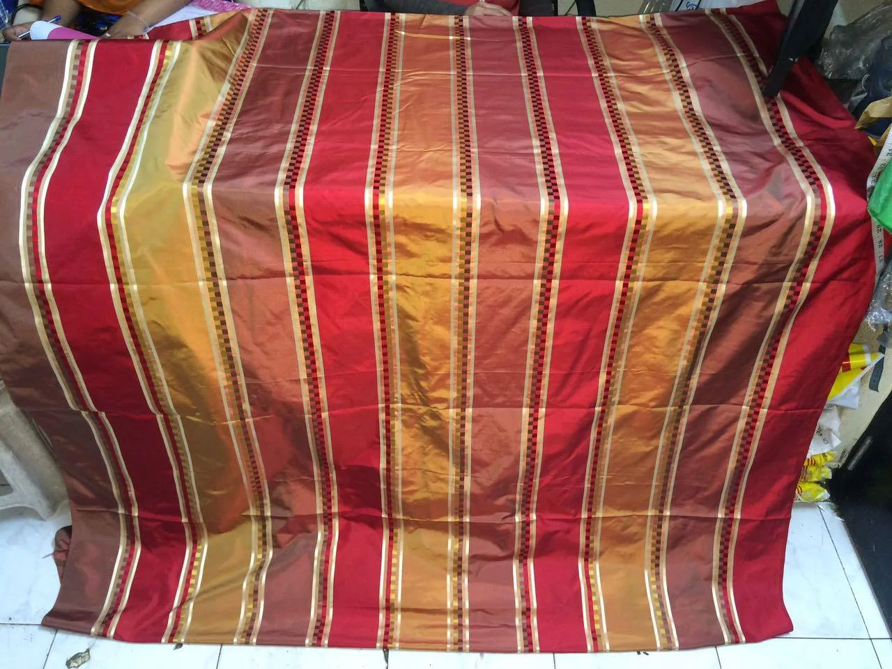 silk taffeta fabric red ,gold,rosette with satin stripes TAFS146[1] 54&quot; wide