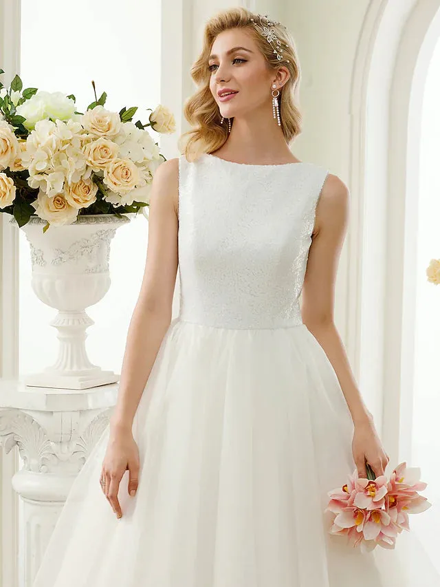 Sparkle & Shine Open Back Wedding Dresses Tea Length A-Line Regular Straps Bateau Neck Tulle With Lace Sequin