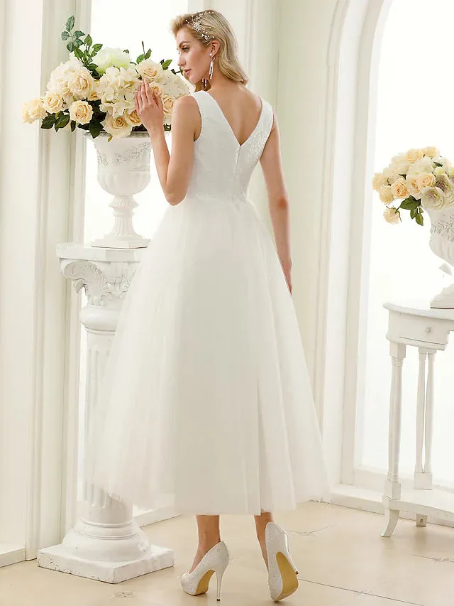 Sparkle & Shine Open Back Wedding Dresses Tea Length A-Line Regular Straps Bateau Neck Tulle With Lace Sequin