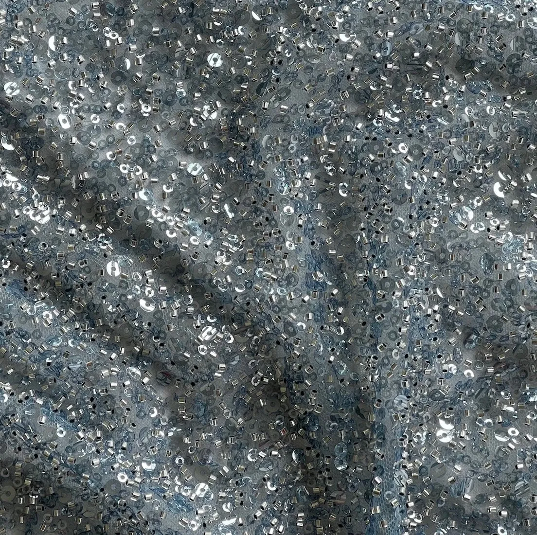 Sparkling Dense Iced Blue Sequins & Bugle Beads on Mesh (Made in Korea)