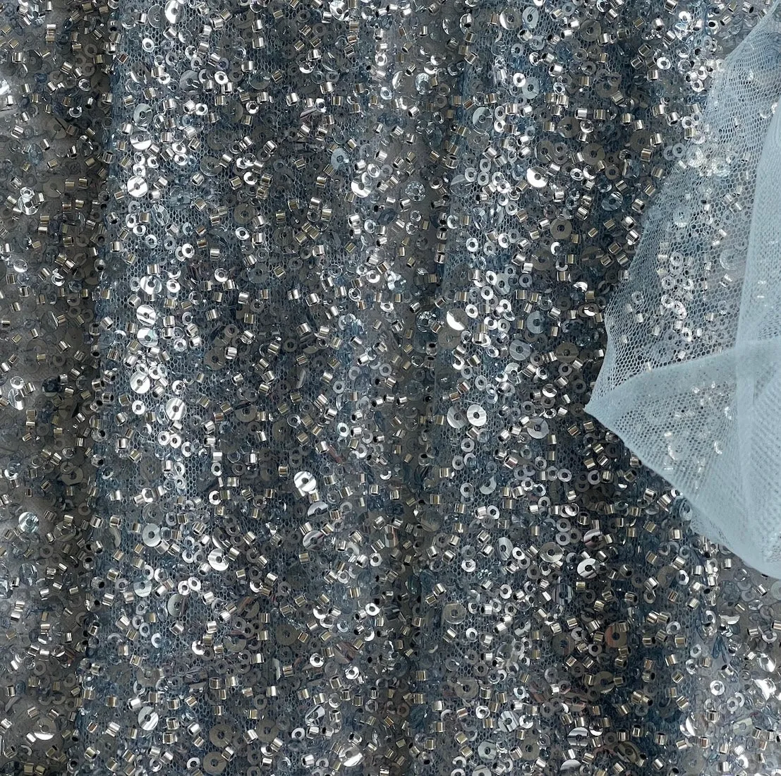 Sparkling Dense Iced Blue Sequins & Bugle Beads on Mesh (Made in Korea)