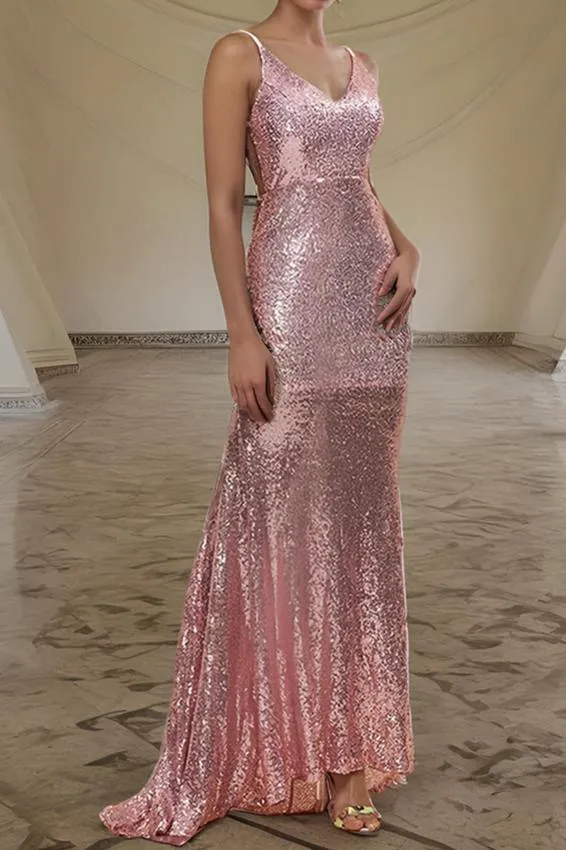 Stunning Pink Sequin Straps Floor Length Prom Dresses