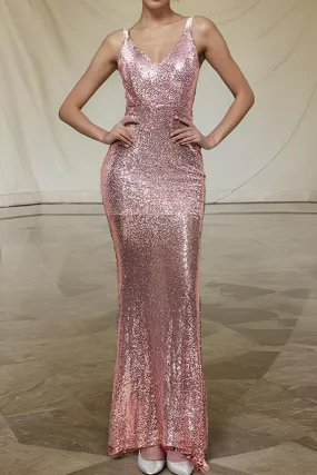 Stunning Pink Sequin Straps Floor Length Prom Dresses