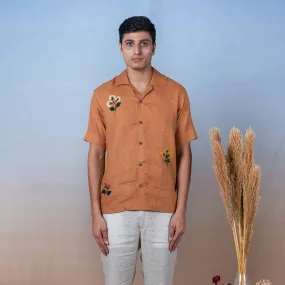 Unisex Linen Half Sleeves Shirt | Hand Embroidered | Ochre