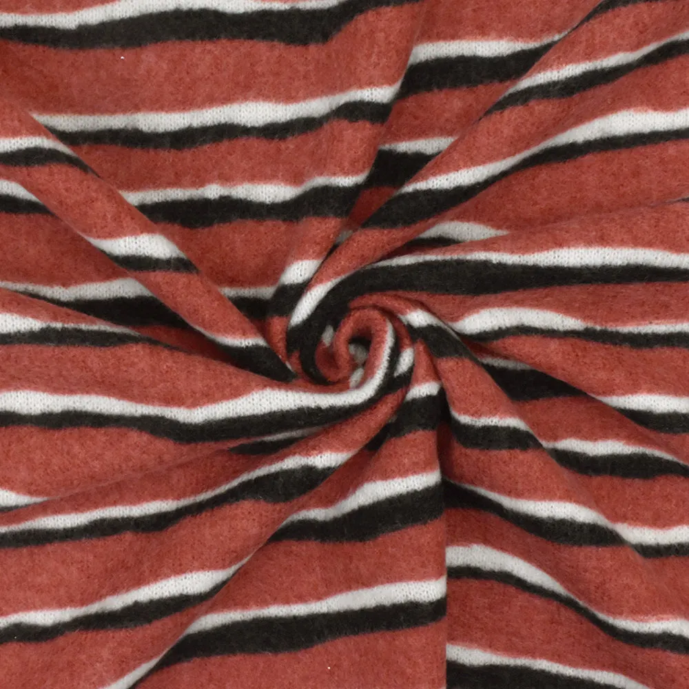 Winter Red-Black-White Stripe Printed Stretch Poly Brush Jersey Knit Fabric