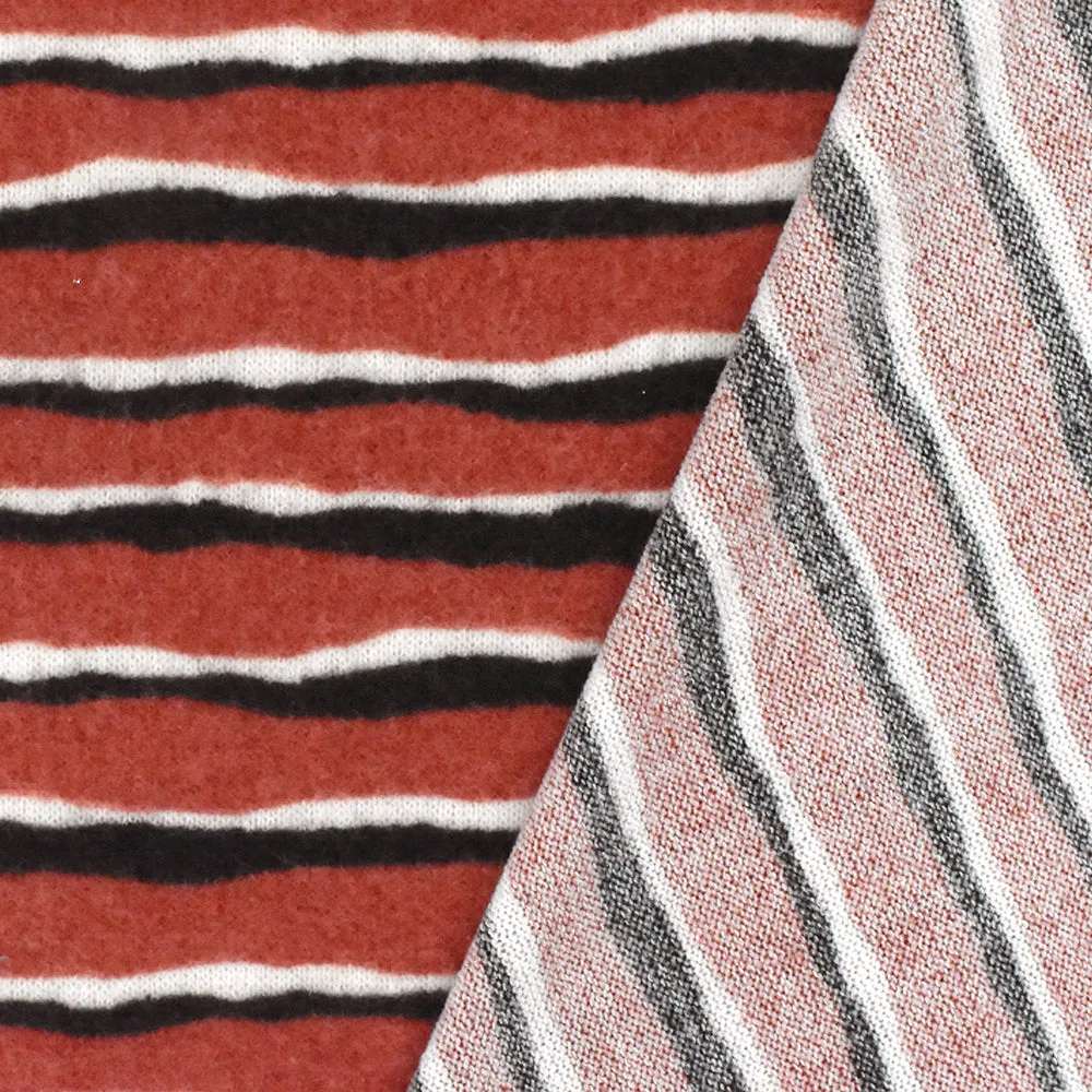 Winter Red-Black-White Stripe Printed Stretch Poly Brush Jersey Knit Fabric