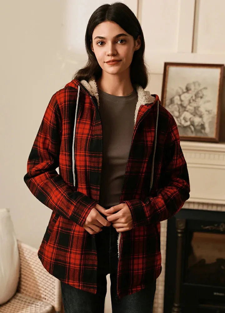 Women's Matching Family Zip Up Red Plaid Flannel Hoodie